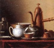 unknow artist Still life of a chocolate pot,teapot,sucrier,bowl,teajar,tea cups and saucers,and silver spoons,all upon a draped table top Sweden oil painting artist